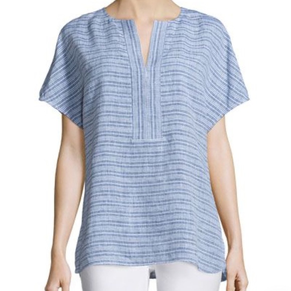 Lafayette 148 NY Striped Linen Blend Blue White Stripe Top size Medium - Picture 1 of 9